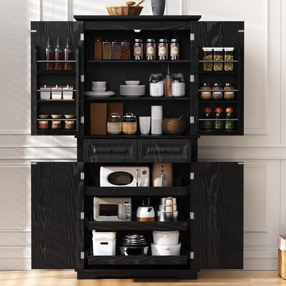 71" Tall Kitchen Pantry Cabinet, Freestanding Pantry Storage Cabinet with 3 Pull Out Organizers, 6 Door Shelves & 2 Drawers, Farmhouse Embossed Texture Cupboard for Kitchen, Dining Room, Black