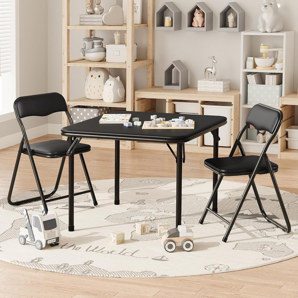 IDEALHOUSE Boys and Girls Folding Table and Chairs Set of 3, Portable Table and Chair with Pu Soft Cushion,Suitable for Eating,Reading and Playing (Black)