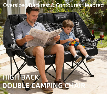 High Back Double Camping Chair Padded Folding Loveseat with Adjustable Pillows Heavy Duty 2 Person Camping Lawn Chairs for Adults with Cup Holders & Wine Racks for Outdoor Sports Beach Fishing
