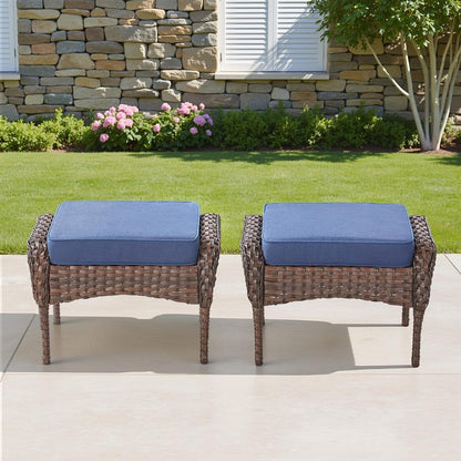 Outdoor Patio Ottomans Set of 2, Outdoor Wicker Footrest Seat with Removable Cushions, Patio Footrest Extra Seating for Deck Porch Sunroom Backyard, Blue