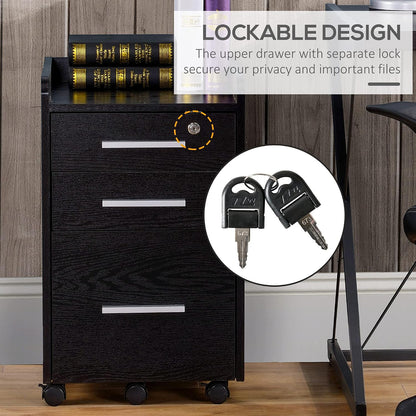 HOMCOM 3 Drawer File Cabinet Office Storage Lock, Wheels, Letter/A4, Black | Edged Top, Small Office Storage