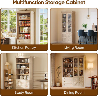 71" Tall Farmhouse Kitchen Pantry Cabinet, Brown Wood Hutch with Glass Doors, 3 Drawers & Adjustable Shelves, Large Storage Cabinet for Dining Room & Living Room, Set of 3