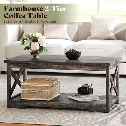 AMERLIFE Farmhouse 5 Piece Living Room Table Set, 63" TV Stand, Daark Oak