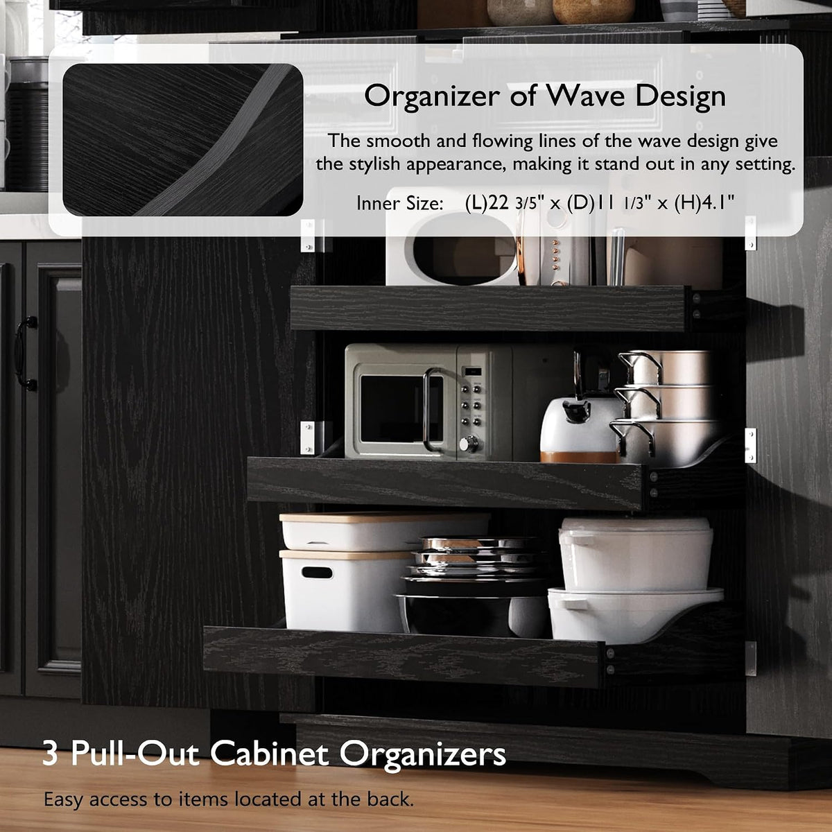 Ball & Cast 71" Farmhouse Kitchen Pantry Cabinet with 3 Pull-Out Organizers, Tall Storage Cabinet with 4 Doors, 2 Drawers, 6 Door Shelves & Adjustable Shelves, Freestanding Cupboard, Black