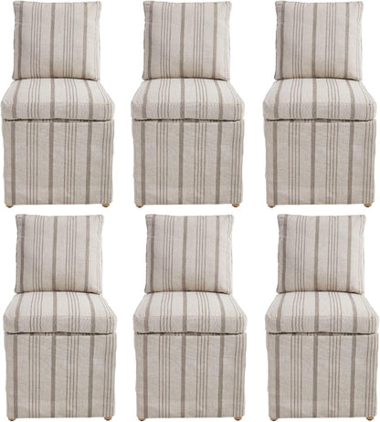 Upholstered Dining Chairs Set of 6 Slipcovered Armless Dining Chair with Solid Wood Legs, Soft Padded Upholstered Side Chair for Dining/Living/Readin Room, Banquet, Khaki Stripe