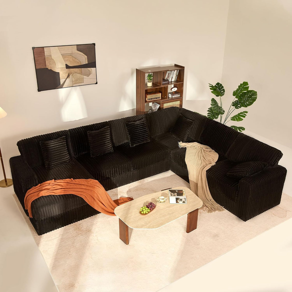 GOSUHI 139" U-Shaped Cloud Couch, Modular Sectional, Deep Seats, Black | Pocket Spring Cushions, Oversized 7-Seater, Left Facing Chaise, Corduroy Upholstery Couches for Living Room