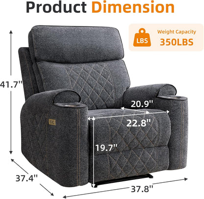EBELLO Power Recliner Chair, Electric Fabric Reclining Sofa with Cup Holders, USB Type-C Charging Ports, for Small Living Room, Bedroom and Meeting Room, Grey