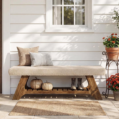 Tribesigns 55" Solid Wood Bench with Cushion and Shoe Storage, 2-Tier Upholstered Entryway Bench Farmhouse Entry Way Bench for Bedroom, Hallway, Natural Wood