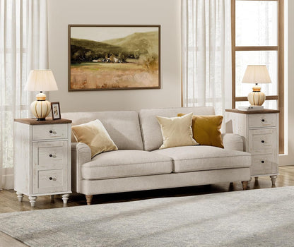 WAMPAT Set of 2 End Table with Charging Station, Wood Nightstands with Drawer and Storage Cabinet, Modern Side Tables Living Room, Farmhouse Night Stands Bedside Table for Bedroom, Rustic White