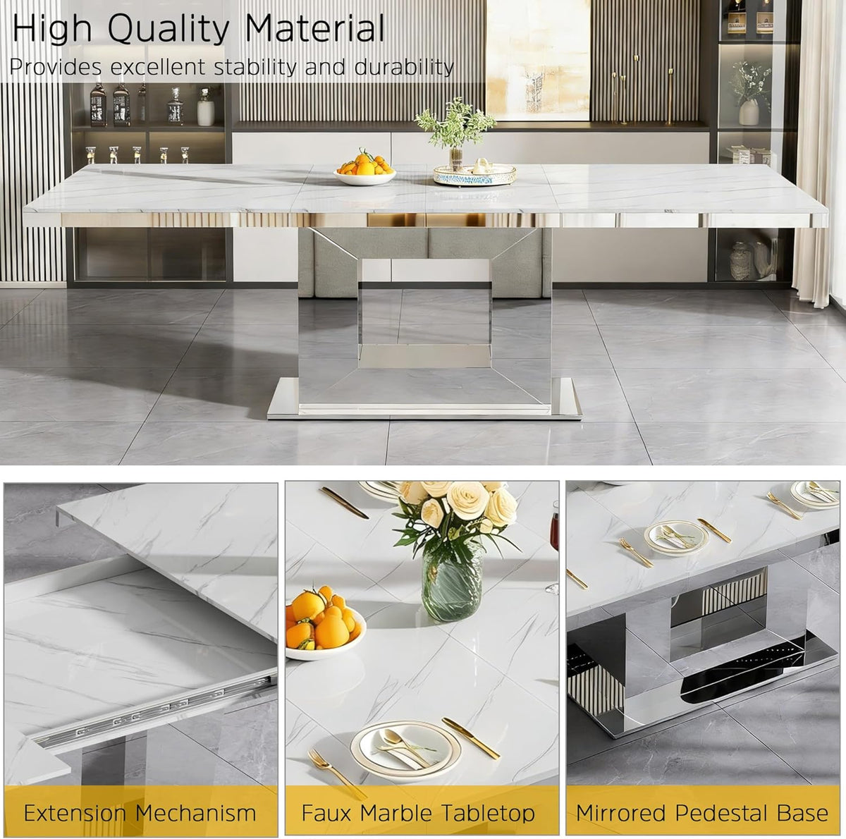 94 in Large Extendable Dining Table for 6 8 10, White Marble Pattern Top & Silver Mirrored Base, 3 Position Expansion 63" to 94", Modern Luxury Expandable Dining Room Table for Dinner Family Gathering