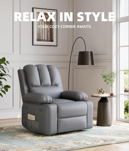 Garvee Oversized Swivel Rocker Recliner Chair - Heat and Massage, Leather Manual Recliner for Adults, Lazy Chair with Cup Holders, Comfort Arms and Back Single Sofa for Living Room