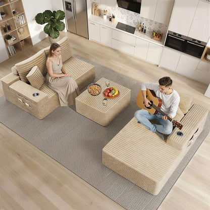 KCGKCG 106" Cloud Modular Sectional Couch with Ottoman, Modern U Shaped Corduroy Sofa, Higher 17.7" Seat Height, 32D Pure Foam, Built in Cup Holders, No Assembly Living Room(Camel, Left Facing Chaise)