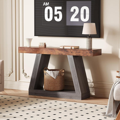 55in Farmhouse Console Table - 2-Tier Wooden Trapezium Sofa Table - Skinny Entryway Furniture with Open Storage Shelf - Ideal for Living Room, Behind Couch, Hallway - Gray