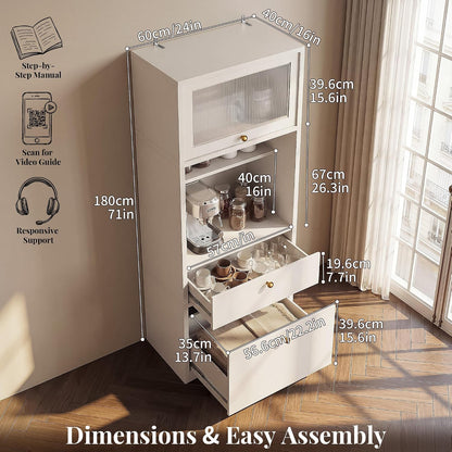 71''Tall Kitchen Pantry Cabinet with Oversized Microwave Shelf & Coffee Station-Tall Extra Deep Storage Hutch, Fluted Acrylic Doors,Adjustable Shelves,Drawers, Anti-Tip,White