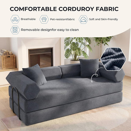79" Convertible Futon Sofa Bed, Couch for Living Room | Dark Gray | Corduroy Loveseat Sleeper Sofa, Modular Futon Couch with Pocket Spring Core, Pull Out Couch No Assembly
