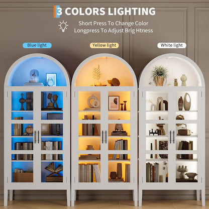70" Tall Arched Pantry Cabinet with Tempered Glass Doors and LED Lighting - Modern Wood Display Storage with Adjustable Shelves and Acrylic Side Panels - for Kitchen, Dining, Living Room -