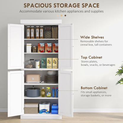 HOMCOM 72.5" Tall Kitchen Pantry Cabinet, Freestanding Modern Farmhouse Kitchen Storage Cabinet with 4 Doors and 2 Adjustable Shelves for Dining Room, White