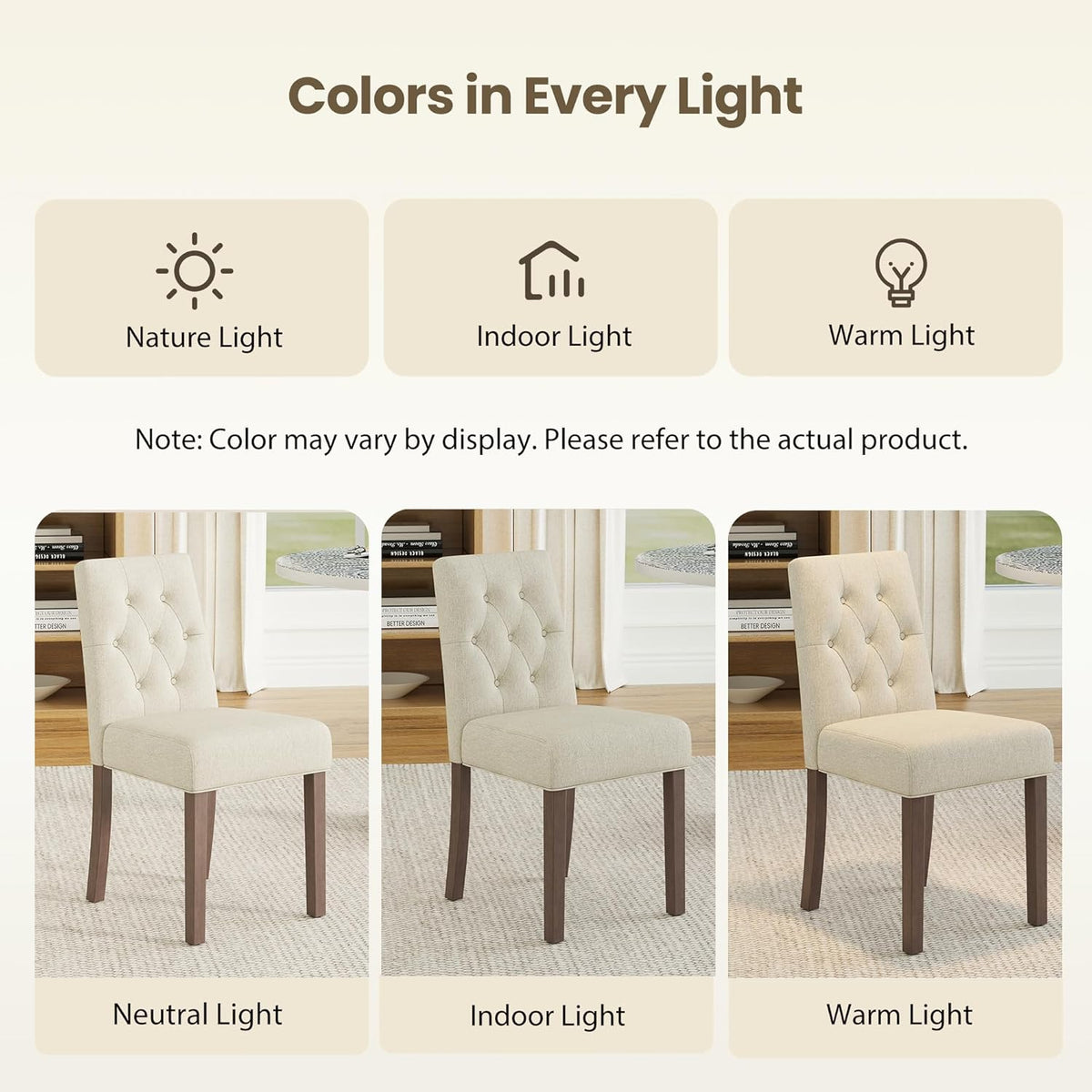 Upholstered Dining Chairs Set of 2, Modern Fabric Dining Chairs with Tufted Design, Kitchen Side Chairs, Farmhouse Dinner Chair with Wood Legs for Kitchen Restaurant Living Room, Beige