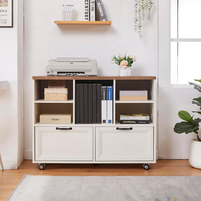 39.3" Farmhouse Wood File Cabinet with Wheels,Small Home Office Storage,Rolling File Cabinet with 2 Drawers for Legal/Letter/ A4 Size