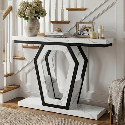 senlin Sofa Table 47.3 Inch Narrow Console Table with Openwork Frame, Industrial Entryway Table for Hallway, Rustic Wood and Metal, Adjustable Leg Pads, Easy Assembly（White Marble Texture）