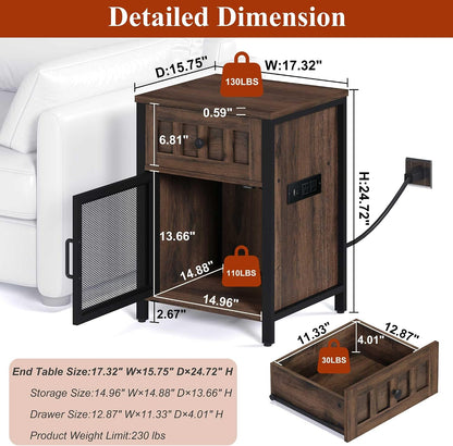 FATORRI End Table with Charging Station, Farmhouse Side Table with Drawer, Rustic Wood and Metal Nightstand and Bedside Tables for Living Room (Rustic Brown)