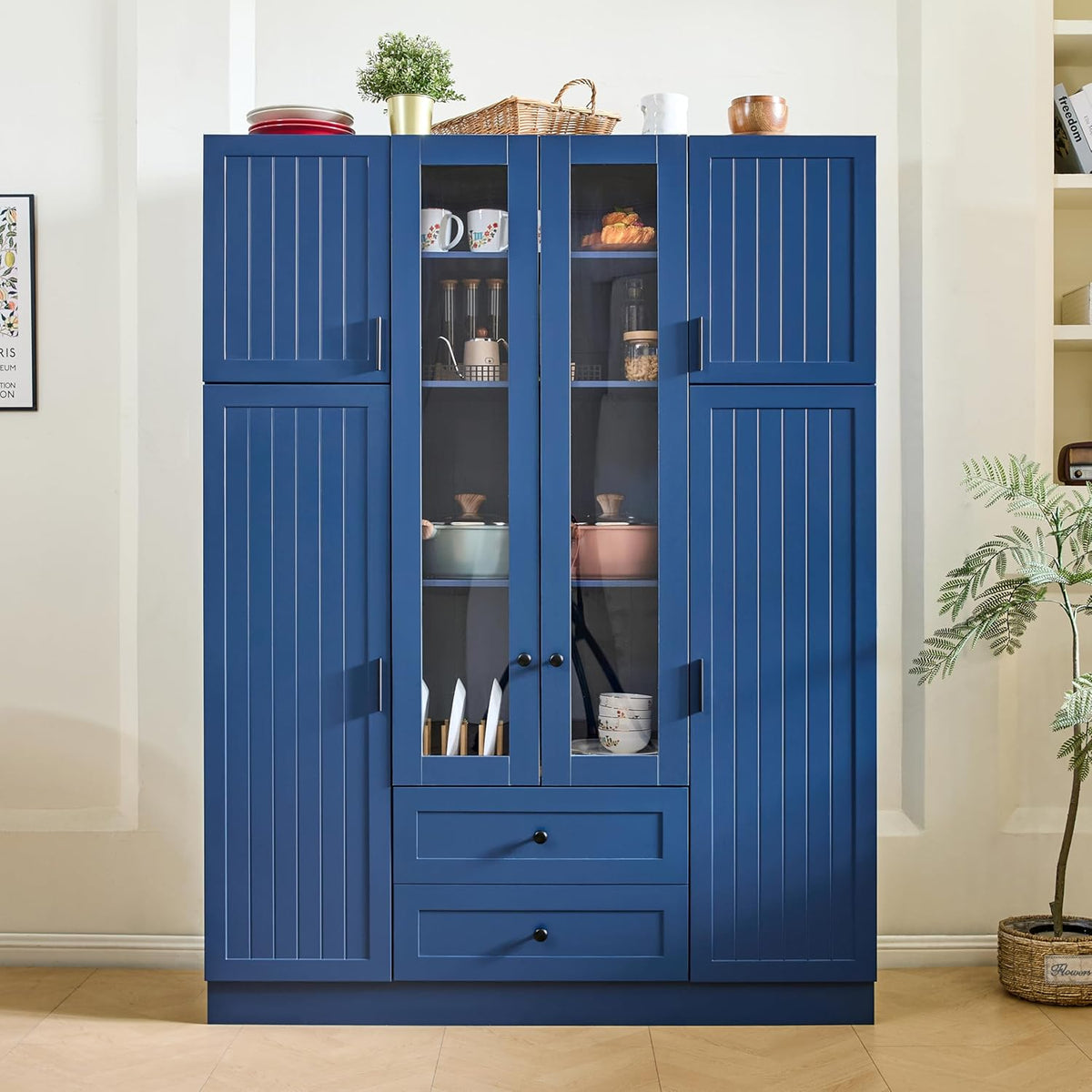 JIVOIT 71''H Large Kitchen Pantry with 6 Doors, Drawers, Adjustable Shelves, Door Shelves, Pull-Out Trays and Wine Rack, Modern Wood Storage Cabinet Cupboard for Dining Room (Blue/170)