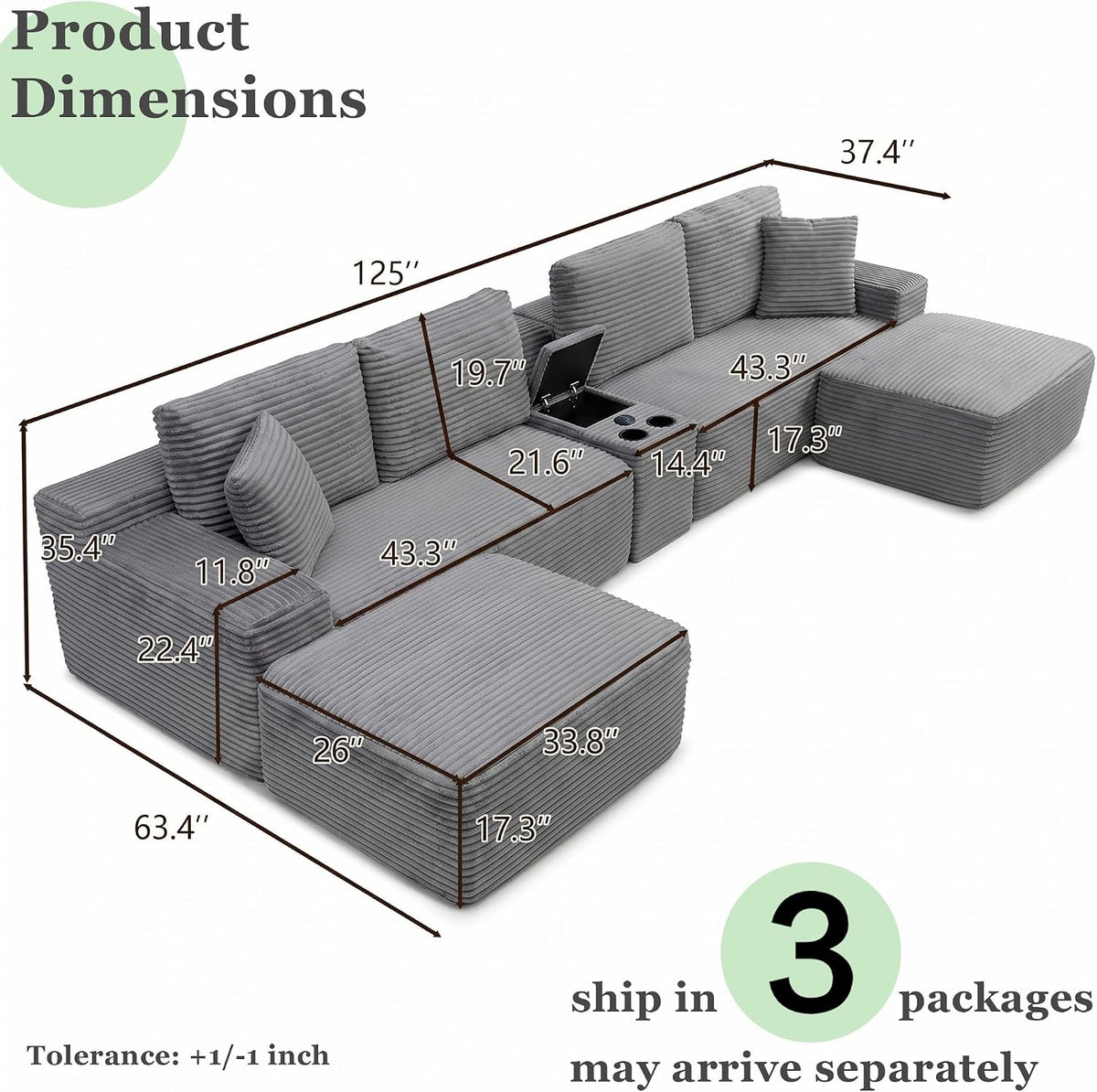 125" Oversized Sectional Couches for Living Room, Modern Cloud Couch with Ottoman,USB Port&Cup Holders, Comfy Corduroy Modular Sectional U Shape Sofa Couch for Apartment, Grey Couch in a Box
