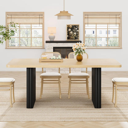 Garvee Modern Dining Table for 6-8, 71" Rectangular Farmhouse Kitchen Table with 3.6"×22.9" Black Fluted Wave Metal Legs & Wooden Top, Large Dining Table for Home Office, Dining, Natural