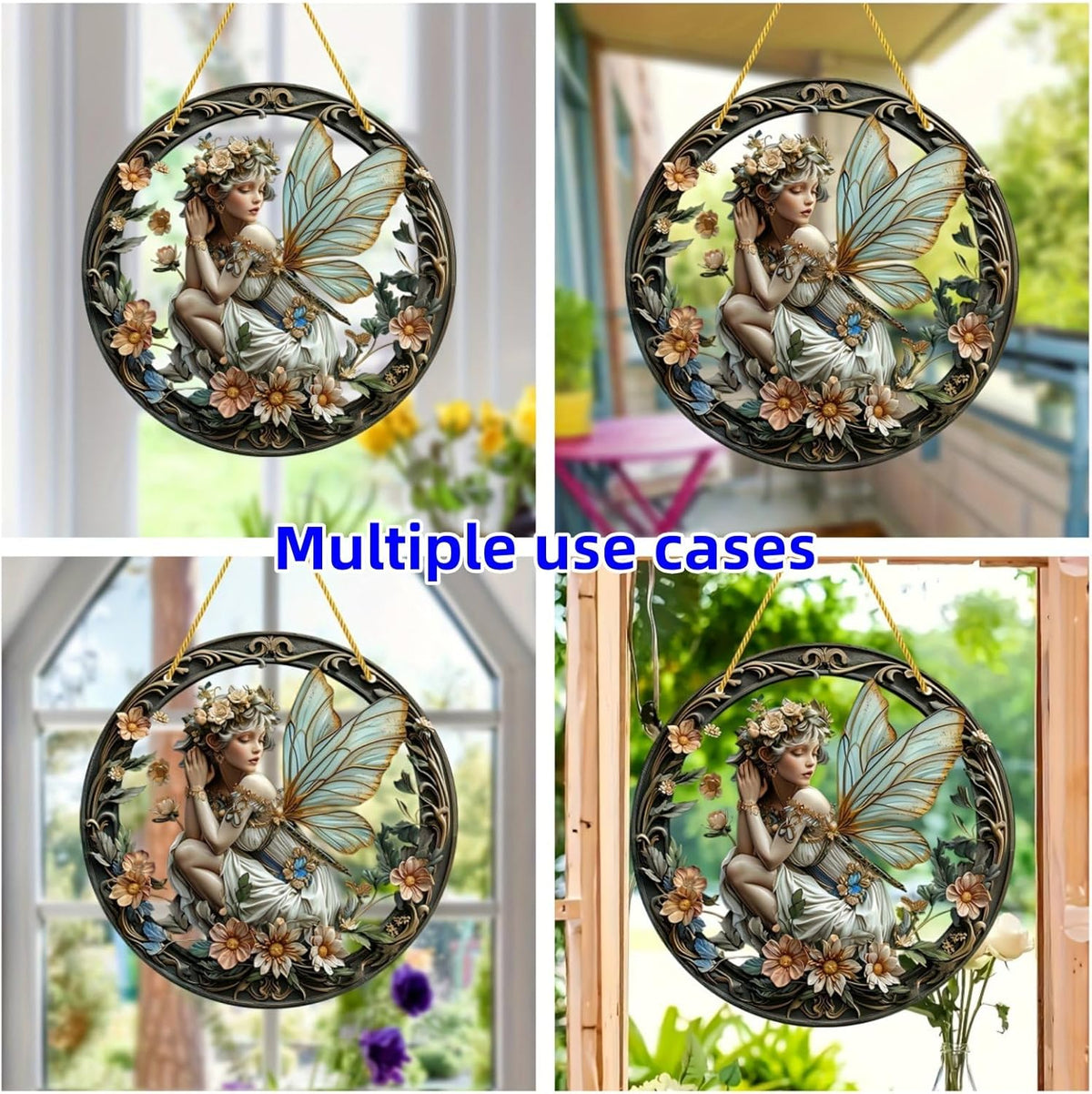 Flower Fairy Garden Decorations Angel Wing Christmas Halloween Deco Statue Art Elf Sculpture Hanging Craft for Outdoor Yard Courtyard Lawn Patio Window Acrylic Ornament Home Gift (A,S: 6*6 IN)
