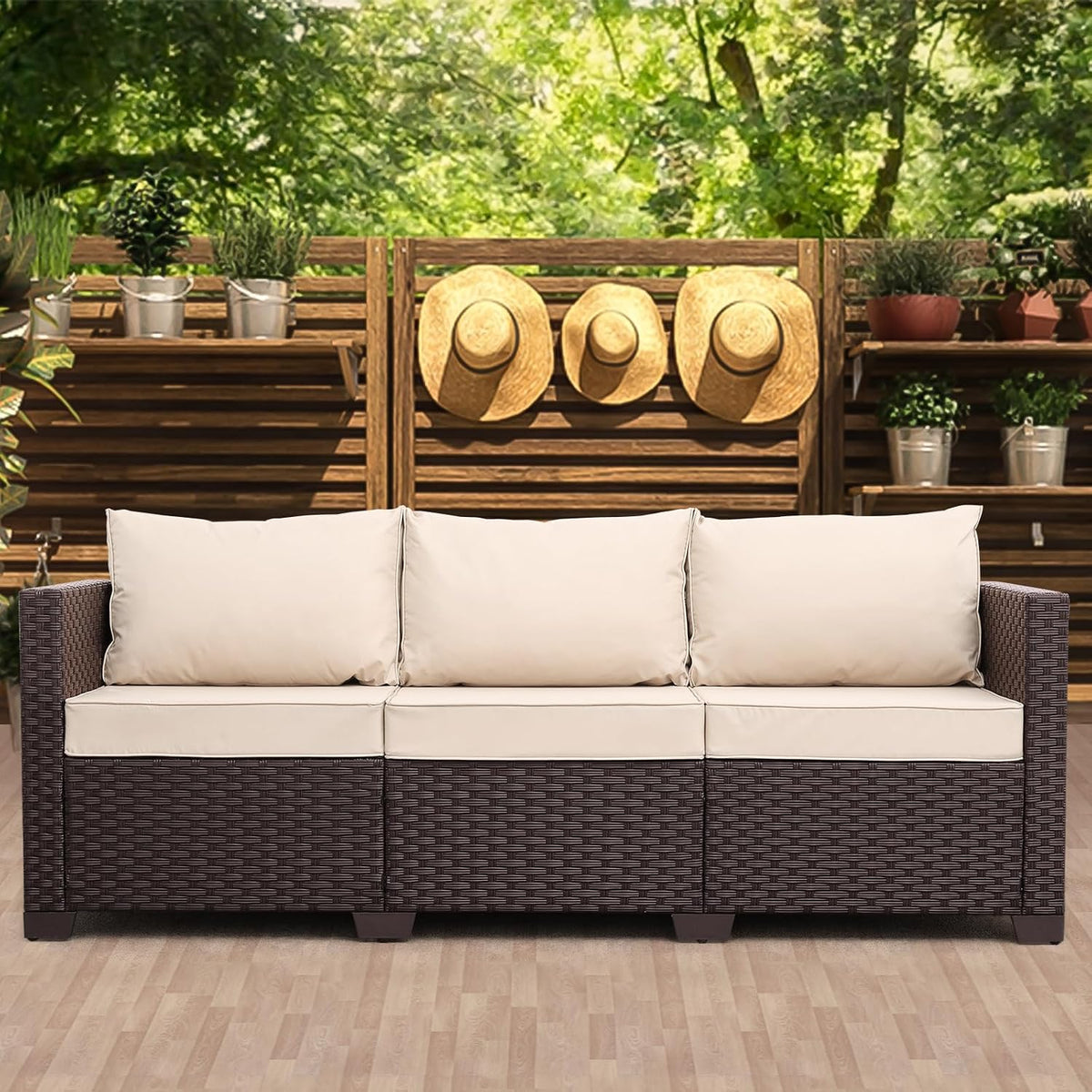 Oasishine Patio Furniture 3-seat Sofa Wicker Outdoor Furniture Outdoor Couch Deep Seat Hight Backrest Non-Slip Cushions, Khaki