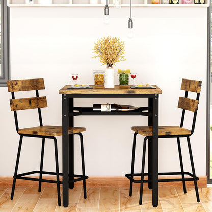 Hooseng 3 Piece Bar Table and Chairs Set, Counter Height Small Dining Table with 2 Bar Stools, Farmhouse Square Kitchen Table with Storage for Bistro, Pub, Small Space