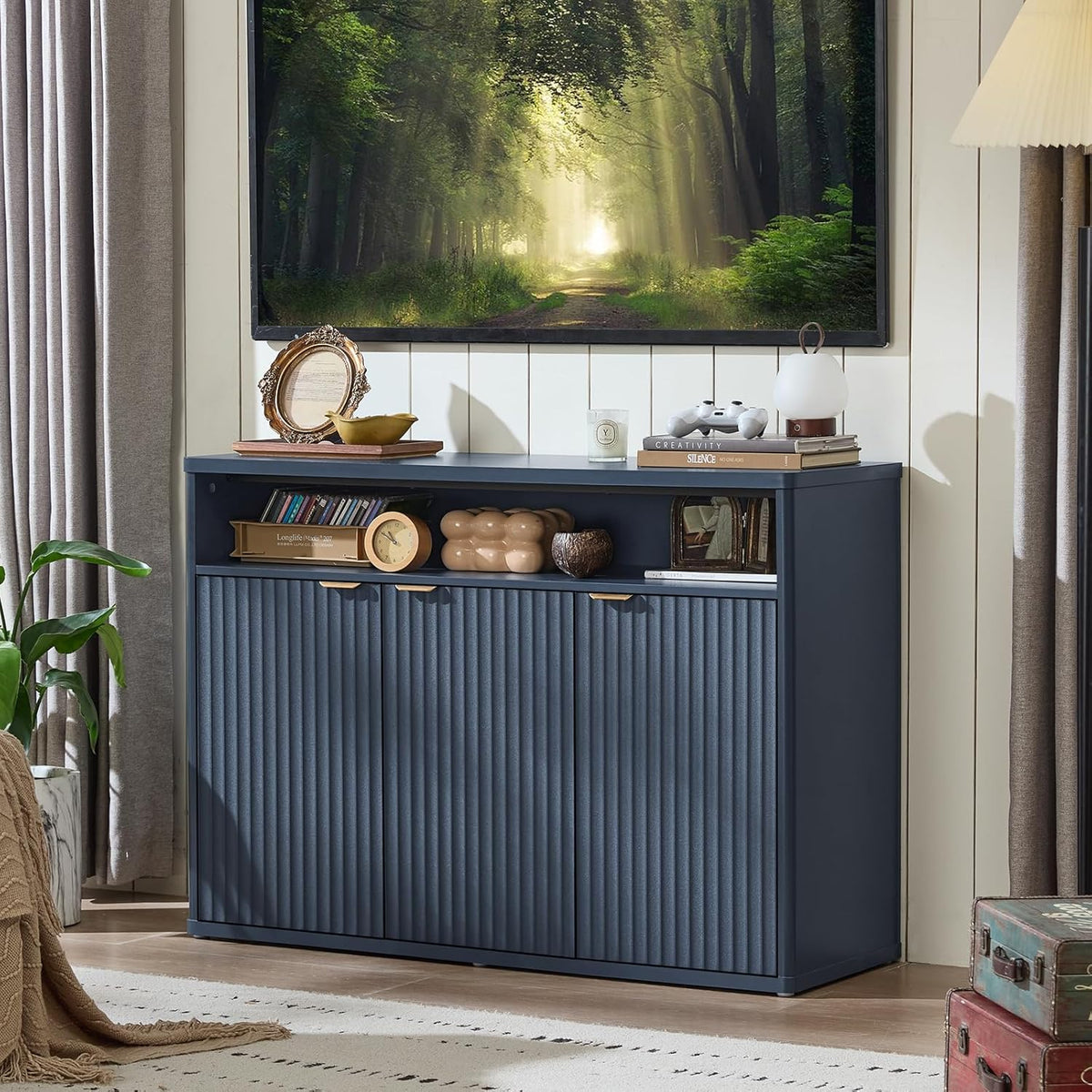 LEYAOYAO Fluted Buffet Cabinet with Storage, 45" Wide Wood Sideboard Credenza with 3 Doors & Open Storage Shelf, Modern Kitchen Console Accent Cabinets, Coffee Bar Table for Dining Room, Dark Blue
