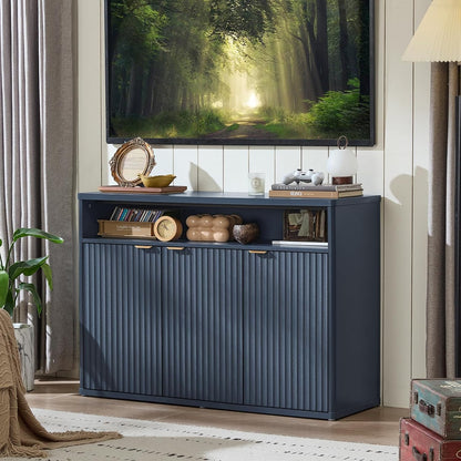 LEYAOYAO Fluted Buffet Cabinet with Storage, 45" Wide Wood Sideboard Credenza with 3 Doors & Open Storage Shelf, Modern Kitchen Console Accent Cabinets, Coffee Bar Table for Dining Room, Dark Blue