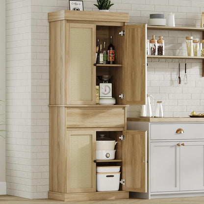 GarveeHome Kitchen Pantry Cabinet, Tall Storage Cabinet with Rattan Doors and Adjustable Shelves, Freestanding Cupboard with Drawer for Bathroom, Dining Room, Living Room, Natural Oak