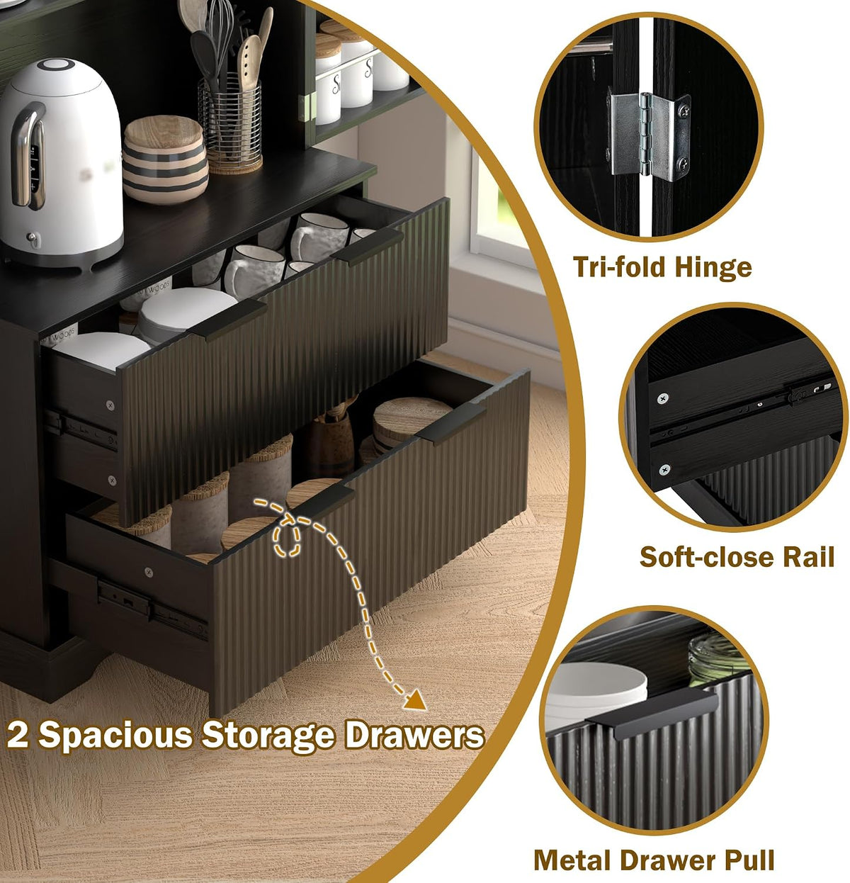 Polibi 72" Fluted Kitchen Pantry Cabinet with Drawers & 3 Shelves,Black | 8 Built-In Door Spice Racks. Sturdy MDF,Freestanding Storage Organizer for Kitchen Dining Room