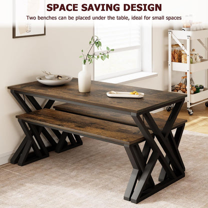 GarveeHome Kitchen Table with 2 Benches, Dining Table Set for 4, Saving Space Dining Room Table Set for Kitchen, Dining Room, Apartment, Sturdy Metal Frame, Vintage Brown