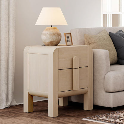 WAMPAT 23.7" Tall Beige Nightstands Set of 2, Modern Mid Century End Table with Charging Station, Wood Bedside Table w/2 Storage Drawers, Side Table Bedside Cabinet for Bedroom,Living Room，Beige