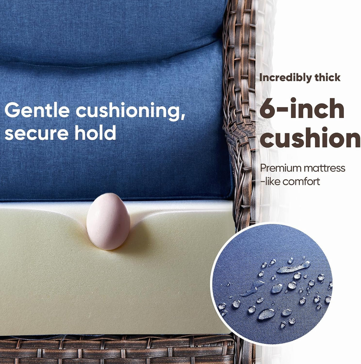 Swivel Patio Chairs sofa Set of 6 with 6" Thick Cushion - Wicker Outdoor Swivel Rocker Patio Chair ,Sofa/Glass coffee table, High Back Comfortable Outdoor Glider Chairs - Brown Wicker - Blue Cushions