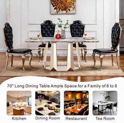 70" Rectangle Faux Marble Luxury Grey Dining Table for 6-8 People, Modern Large Kitchen Table with Silver Mirrored Stainless Steel Leg Base, Dining Table for Dining/Living Room, Office (One Table)