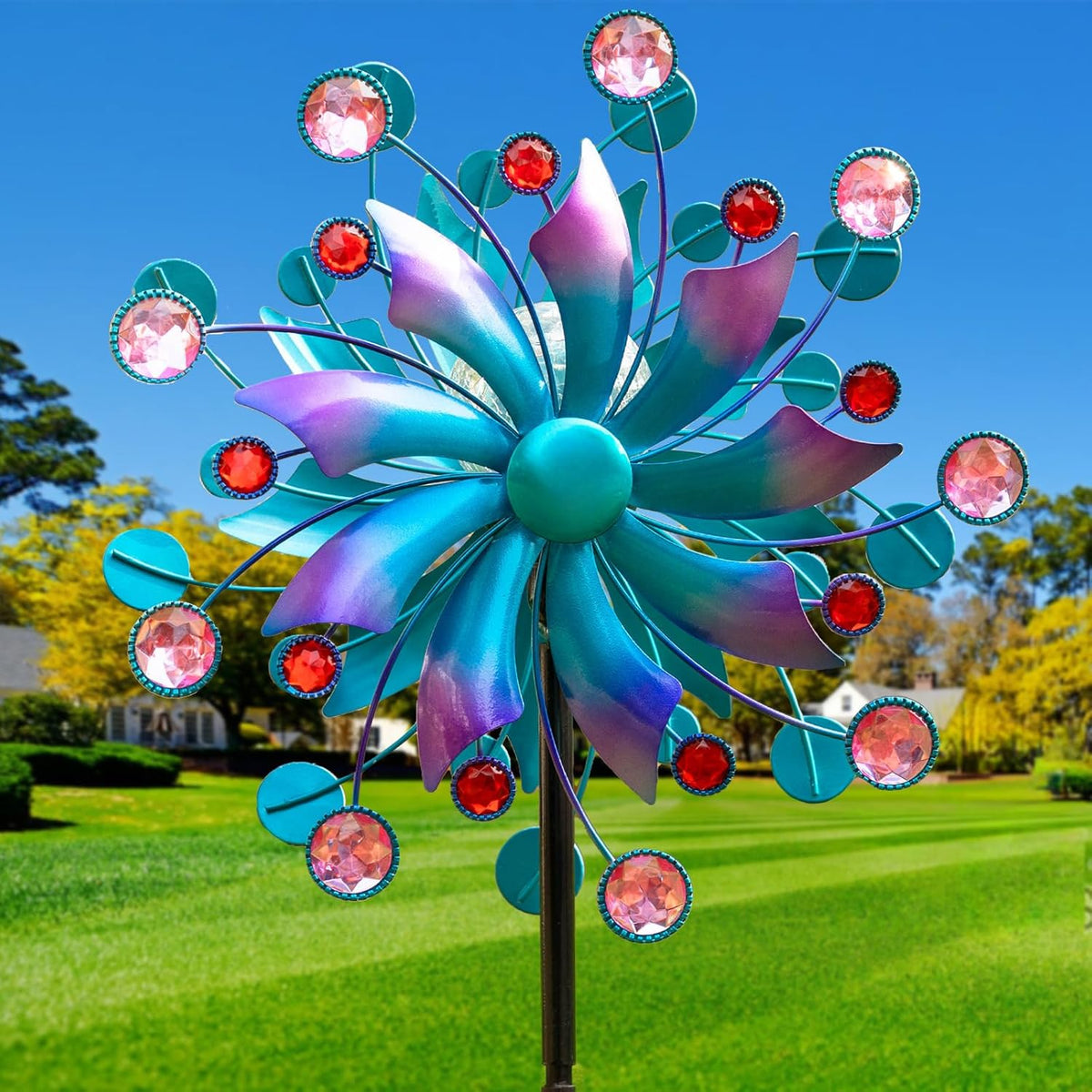 Solar Wind Spinners for Yard and Garden-60.6 Inch 360° Metal Wind Sculptures Outdoor Clearance Kinetic Windmills with Multi Color Led Glass Ball