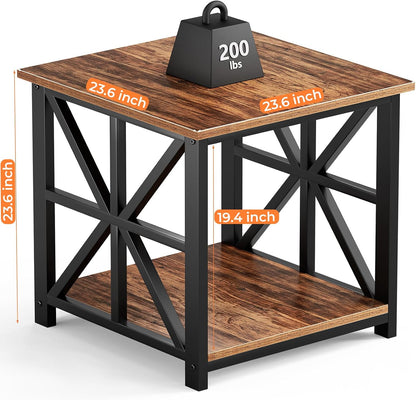 GreenForest Large End Table with X-Shaped Metal Frame for Living Room | Rustic Side Table for Bedroom Office,2-Tier Storage Shelf Nightstand,Scratch-resistant Sofa Table,Walnut,24 inch