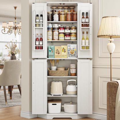 IRONCK Corner Cabinet, 72" Farmhouse Pantry Cabinet, White | 6 Tiers Shelves with 2 adjustable shelves, 240° swivel doors and spacious storage for kitchens, dining rooms, living rooms
