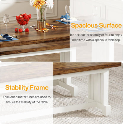 Tribesigns 47" Dining Table Set for 4, 3-Piece Kitchen Room Table with 2 Benches, Farmhouse Wood Dinner Furniture for Small Space, Home Living Room, White & Rustic Brown