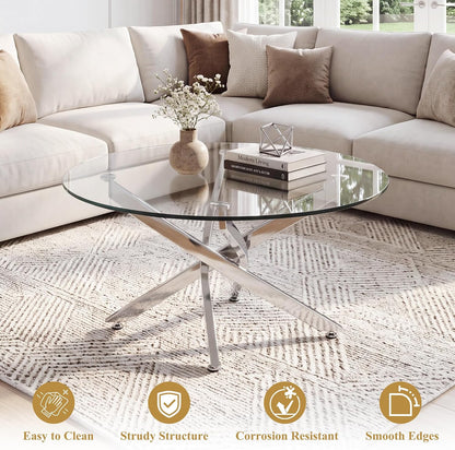 Round Glass Coffee Table Set 3-Piece, Silver Stainless Steel Frame | 35.4" Coffee Table + Two 23.6" End Tables Space-Saving Set for Living Room, Office, Reception
