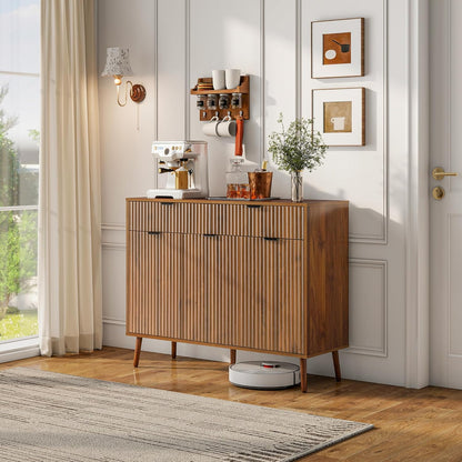LYNCOHOME Fluted Sideboard Buffet Cabinet with Storage,2 Drawers and 3 Doors,Wood Coffee Bar Cabinet with Solid Wood Feet for Kitchen,Hallway