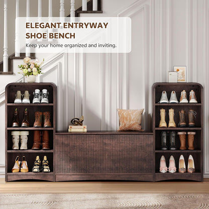 Shoe Cabinet with Bench, U-Shaped Shoe Storage Bench, Tall Shoes Cabinet with Adjustable Shelves, 63" W Lift-Top Blanket Chest with Storage, for Entryway, Living Room, Hallway, Espresso