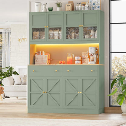 FINETONES 71" Pantry Cabinet with LED Light and Charging Station, Farmhouse Kitchen Pantry Cabinet with Microwave Stand, 47.2" Wide Kitchen Hutch Food Pantry with Open Countertop, Green