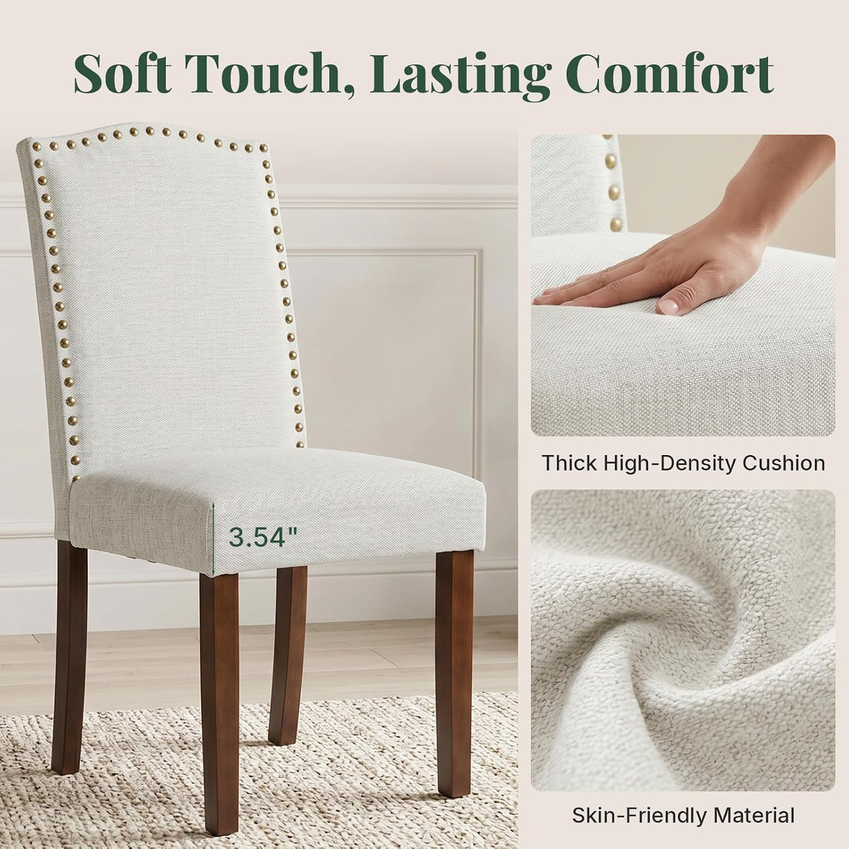 Upholstered Dining Chair Set of 4, Farmhouse Fabric Kitchen Chair | Modern, Padded Seat, Solid Wood Legs, High Back, Nailhead Trim, Living Room, Restaurant, Hotel, Beige