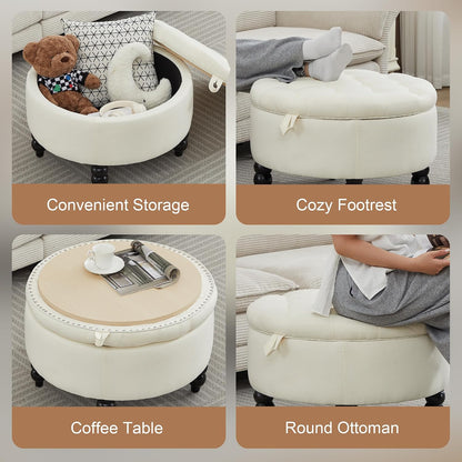 24 Inch Fabric Round Ottoman with Storage, Modern Upholstered Button Tufted Ottoman Coffee Table with Tray Lid, Circle Footstool with Storage for Living Room, Bedroom, White