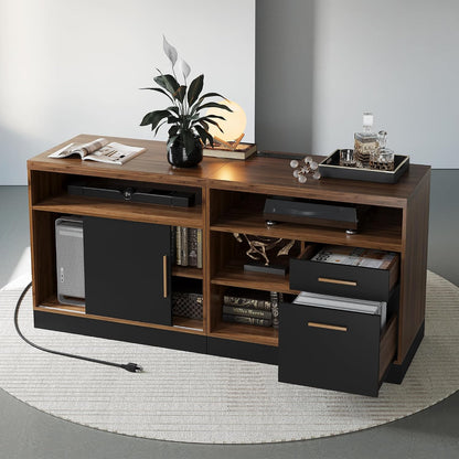 ModernMate 63" Lateral File Cabinet with Lock,2-Drawer Home Office Storage | File Cabinets for A4 / Letter Documents, Wide Credenza w/ Built-in Power Outlet, Fashion TV Stand Organizer, Black Walnut